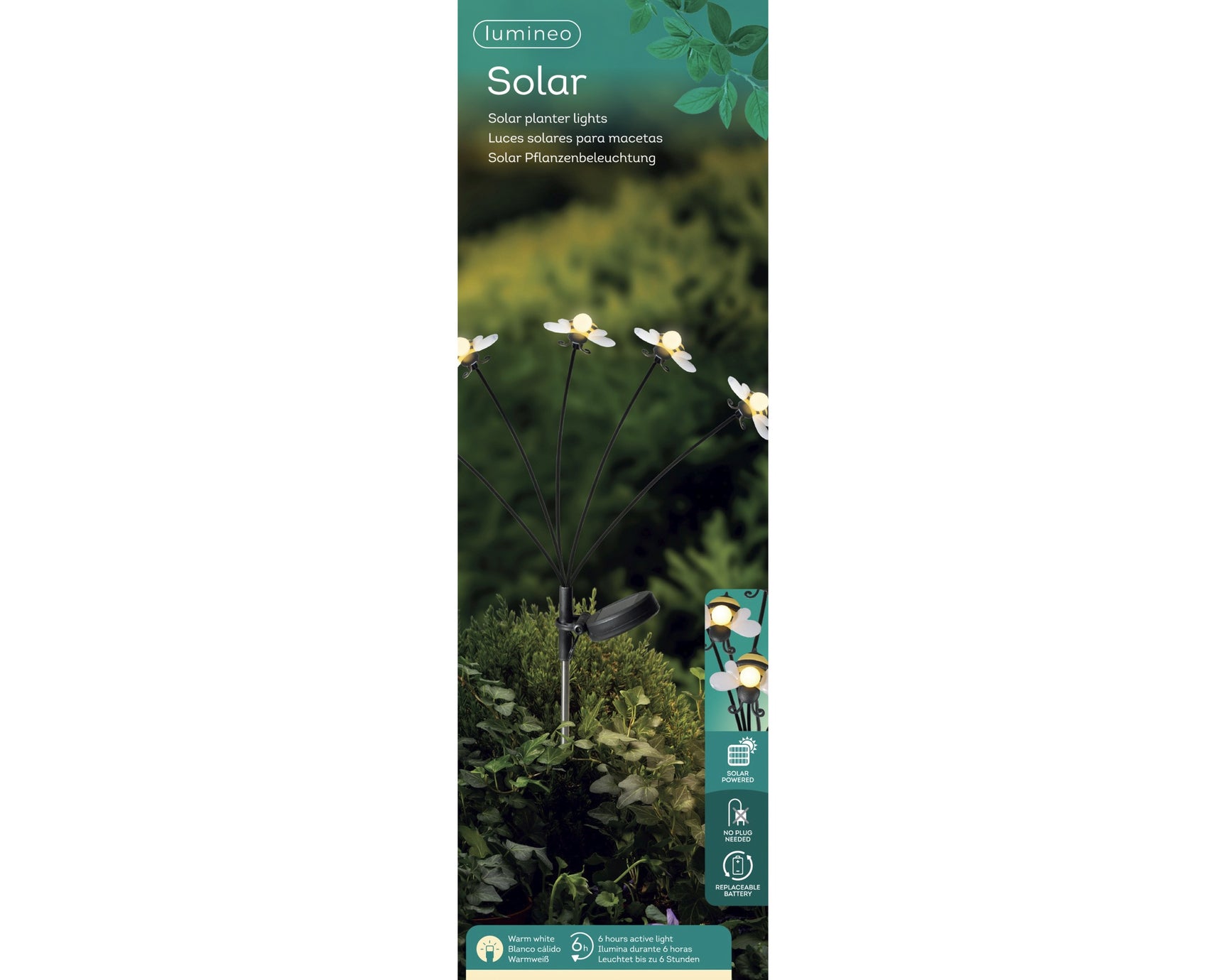 Verpakkingsdoos met Solar label en foto van zonnelamp met bijenmotief