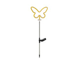 Vlinder zonne-staaklamp van kunststof met gele LED-ring, donkere grondspies en knop