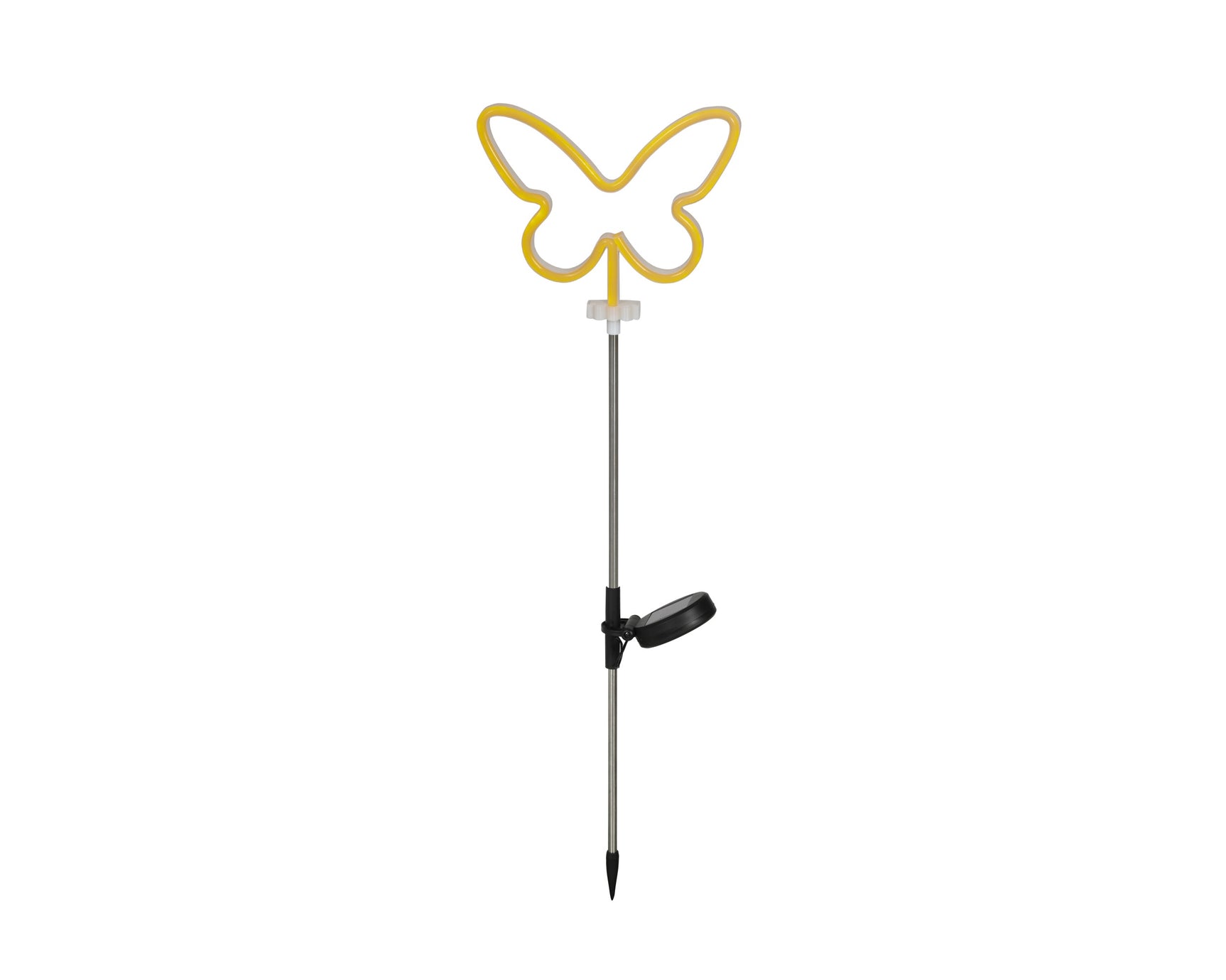 Vlinder zonne-staaklamp van kunststof met gele LED-ring, donkere grondspies en knop
