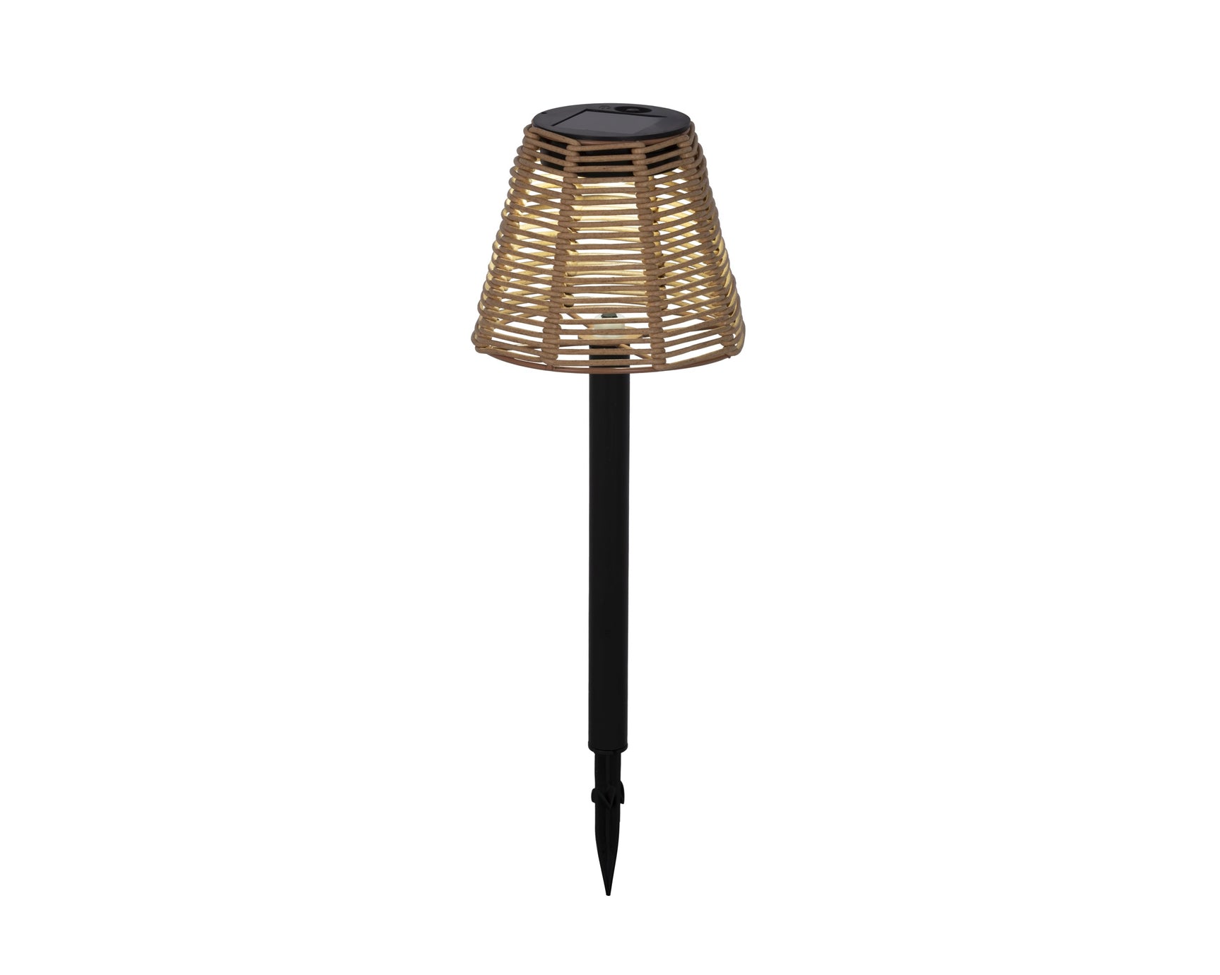 Solar steeklamp met rieten kap en zwarte paal, ronde solar-lampkop bovenaan.