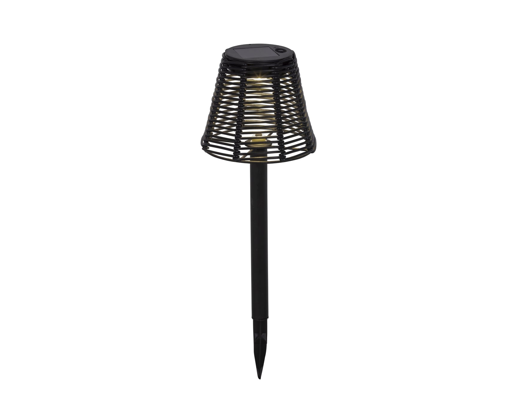 Zwarte zonne-tuinlamp met rieten kap en grondpin