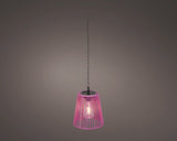 Roze hanglamp met gevlochten rieten kap, ketting en warme gloed