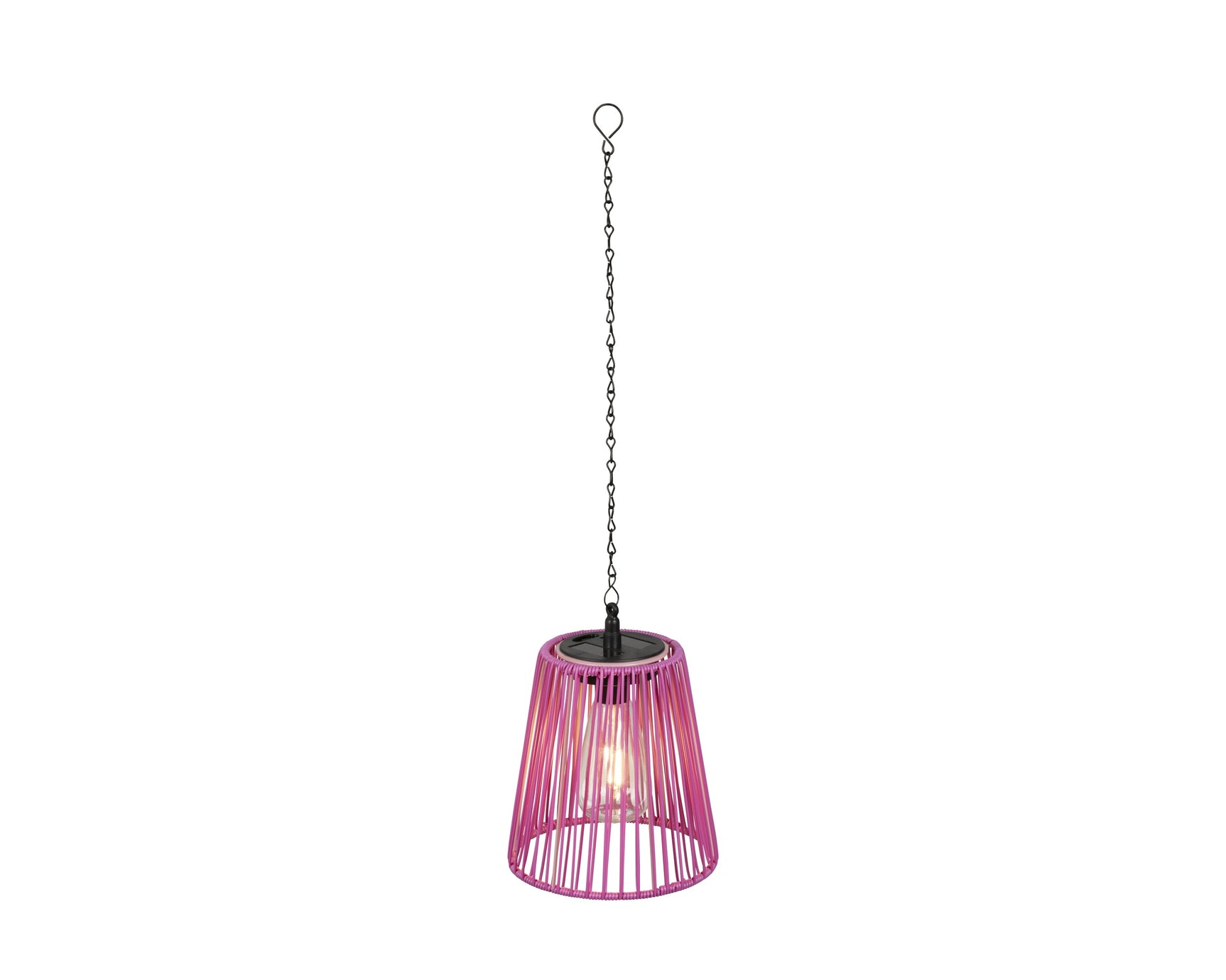 Roze hanglamp met gevlochten rieten kap en ketting, cilindervorm