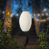 Druppelvormige nylon solar-lantaarn met lichtbeige gaaskap en metalen ophangbeugel