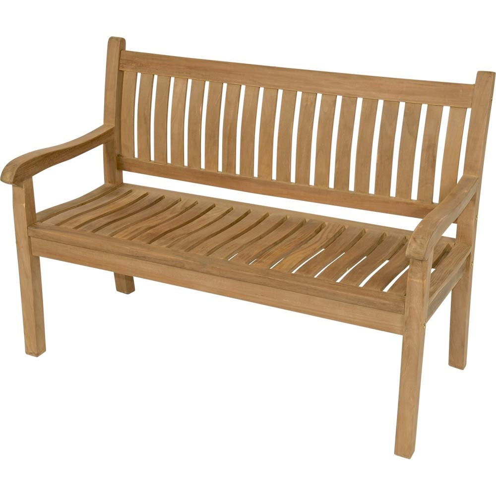 Teak tuinbank met gebogen rugleuning en lamellen, houten armleuningen, 130 cm