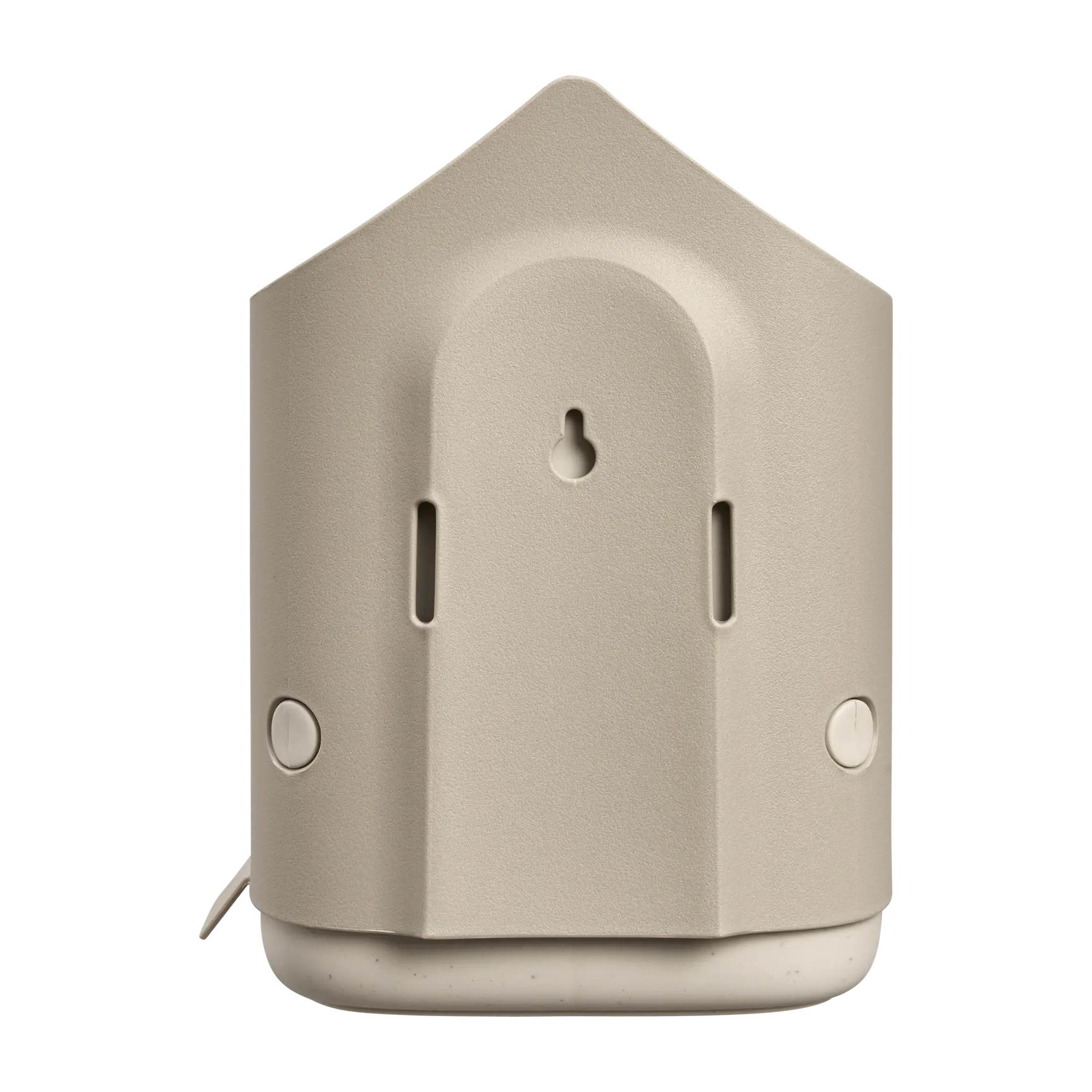Beige vogelvoerhuisje met gevelvormige voorkant en ophangoogjes aan zijkant