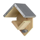 Houten vogelhuisje met grijs metalen dak en open voerbak onderaan