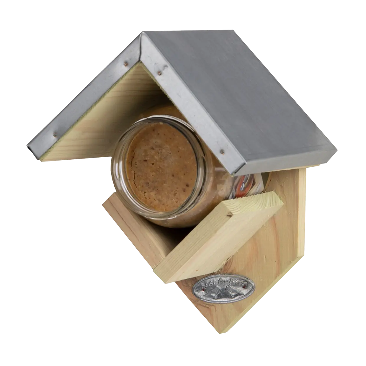 Houten vogelhuisje met grijs metalen dak en ronde voerschotel