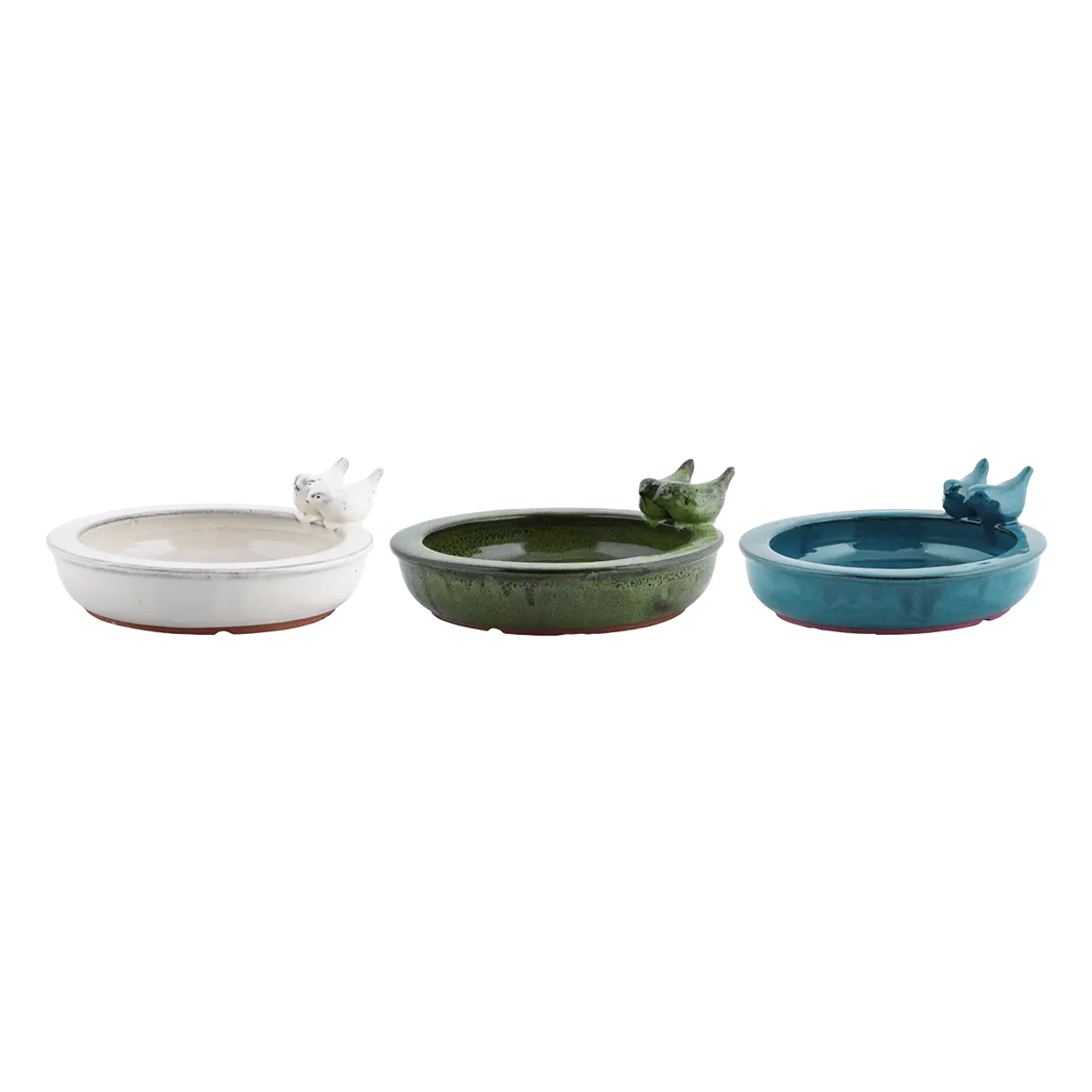 Rond vogelbad van keramiek met twee vogelbeeldjes, wit, grijs en blauw assorti.