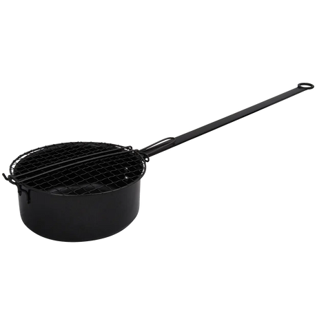 Popcornpan met zwart metalen gaasmandje en lange steel