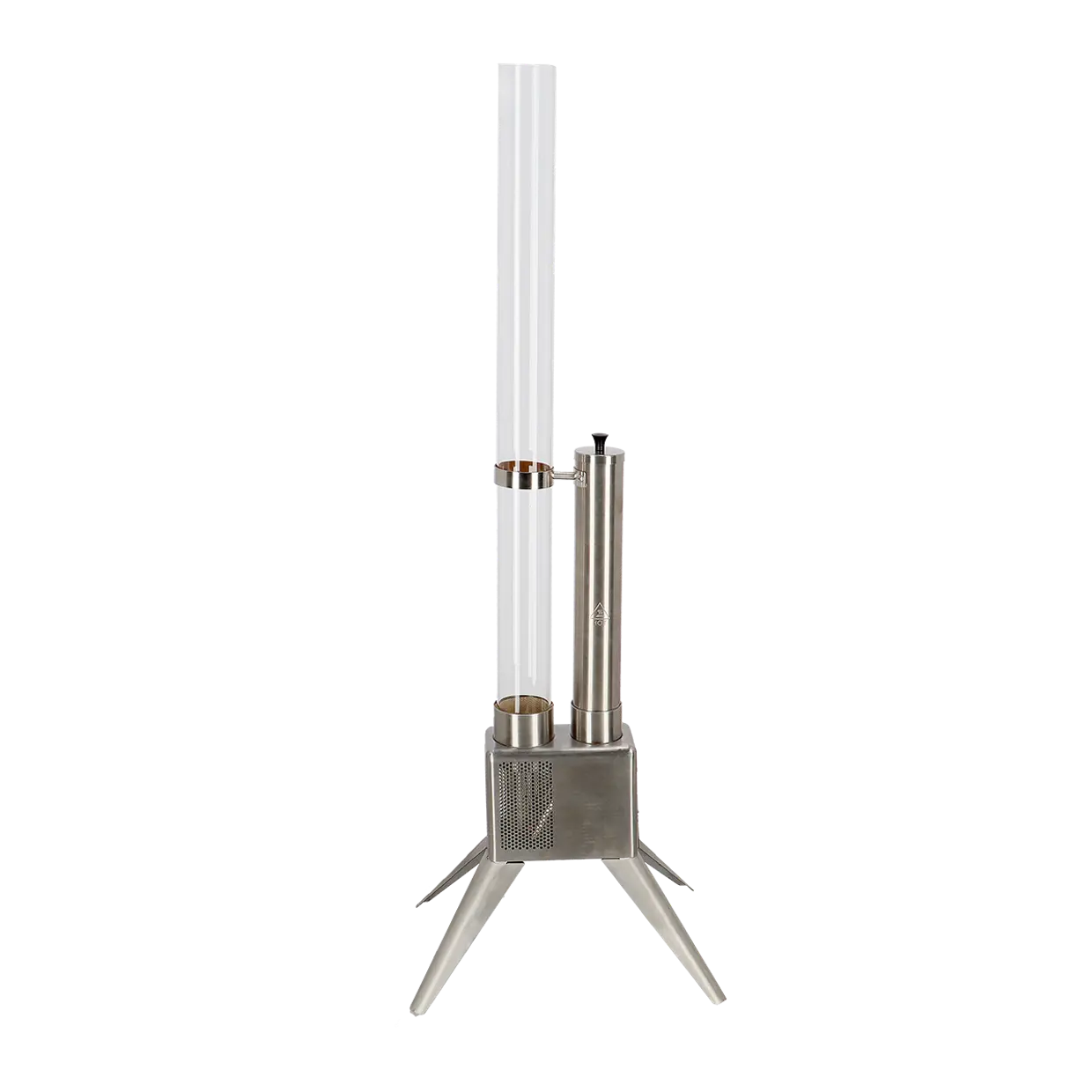 RVS pellet terrasheater met twee cilinders en drie pootjes, ronde brandkamer