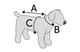 Hondenjas maatschema met pijlen A, B en C