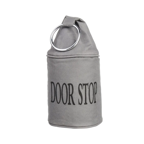Deurstopper met ring, grijze stoffen cilinder met DOOR STOP