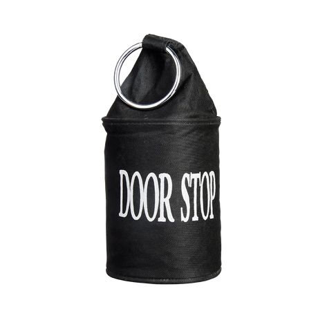 Deurstopper met ring, zwarte stoffen cilinder met DOOR STOP