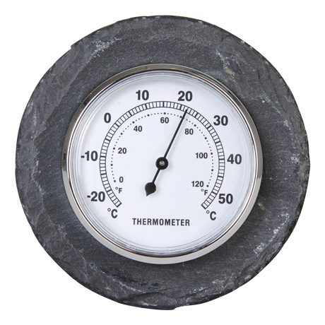 Ronde leisteen thermometer met wit wijzerplaat en schaal in °C en °F