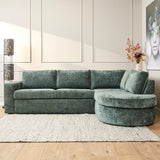 Groene hoekbank met ronde chaise en hoge rugkussens, 2,5-zits model