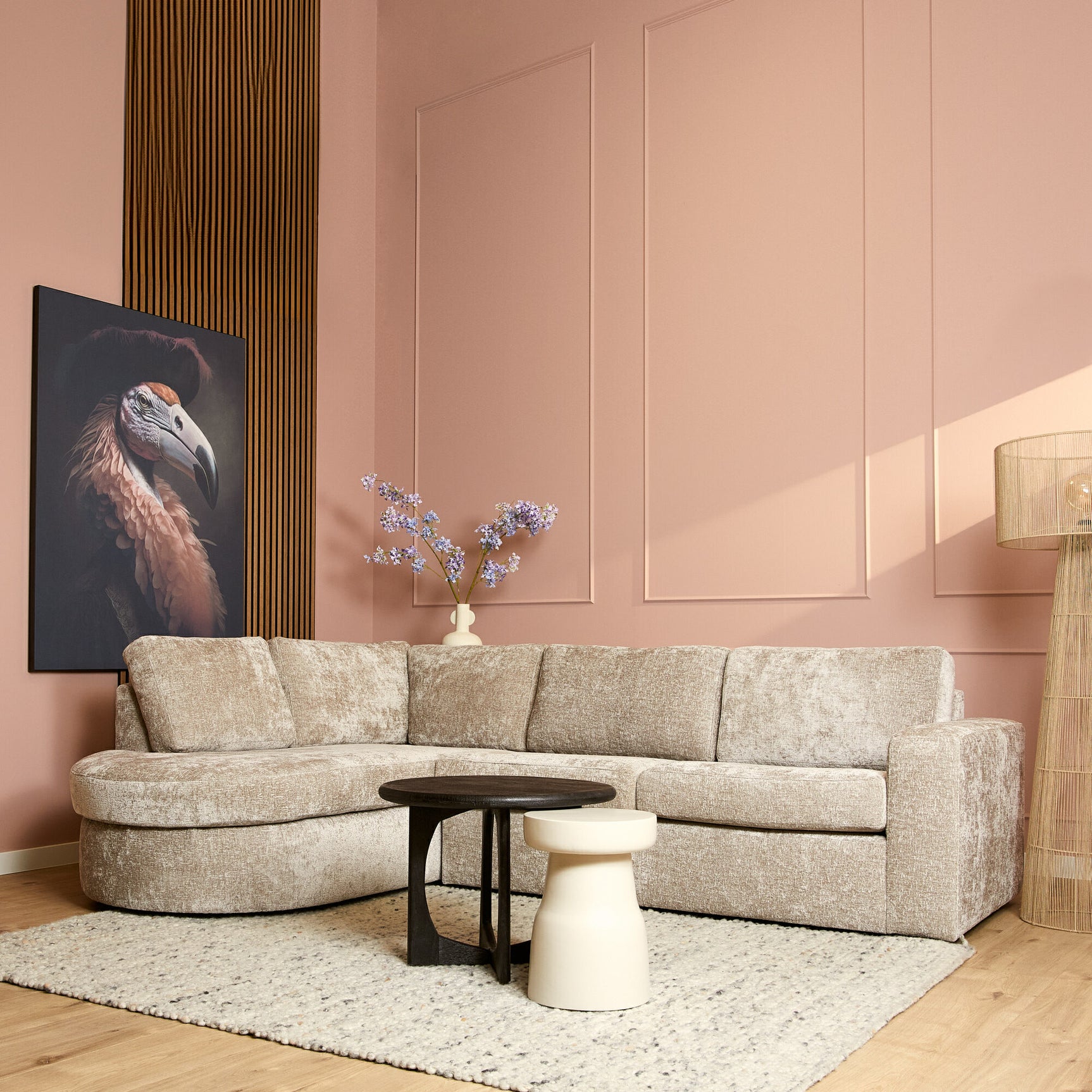 Beige divanbank met chaise links en 2,5-zits met hoge, stoffering rug