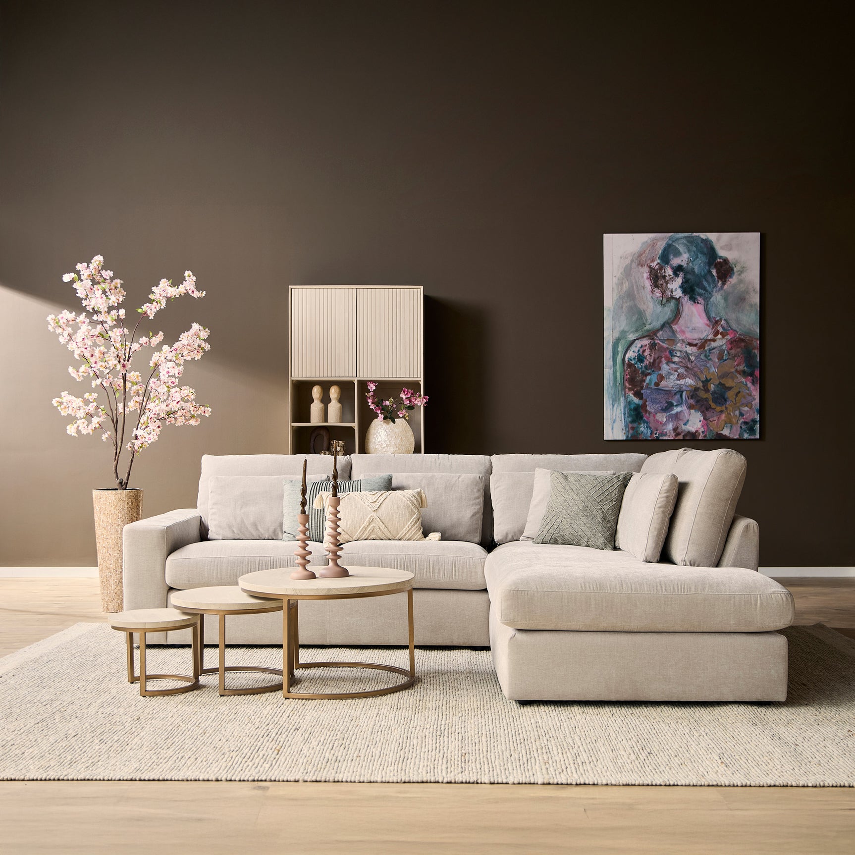 MySofa Jesse bank met chaise rechts, beige bankdeel met open zitting en chaise