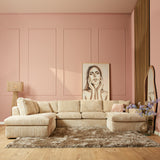 MySofa Teddy U-bank met beige geribde bekleding, lage zit en losse sierkussens