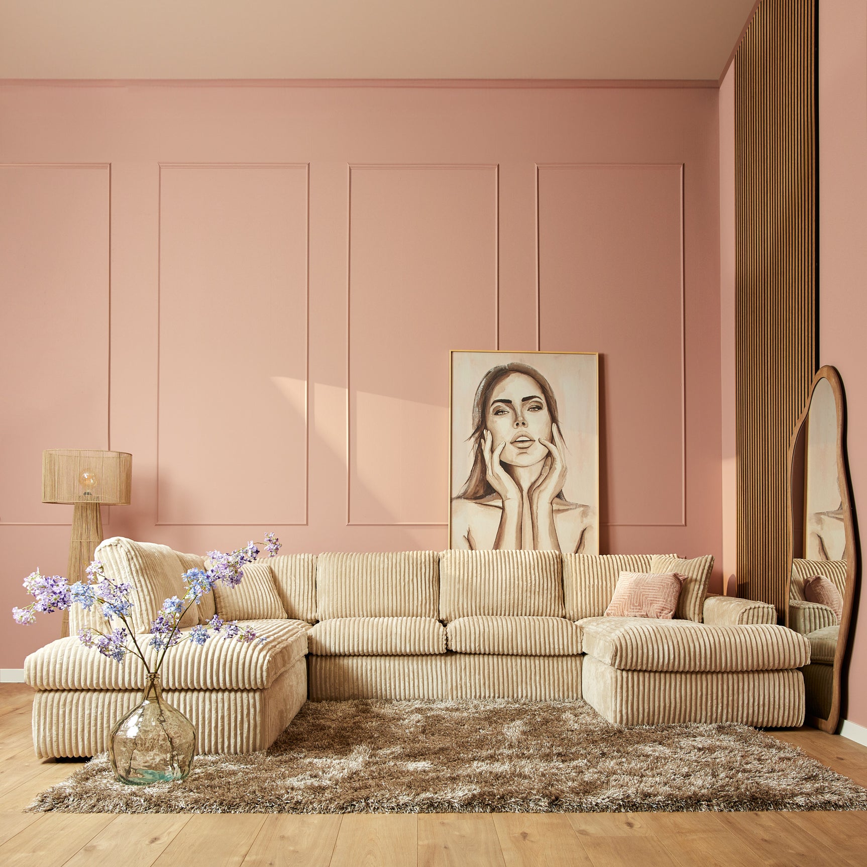 MySofa Teddy U-bank met beige geribde stof, bankelementen met brede armleuningen
