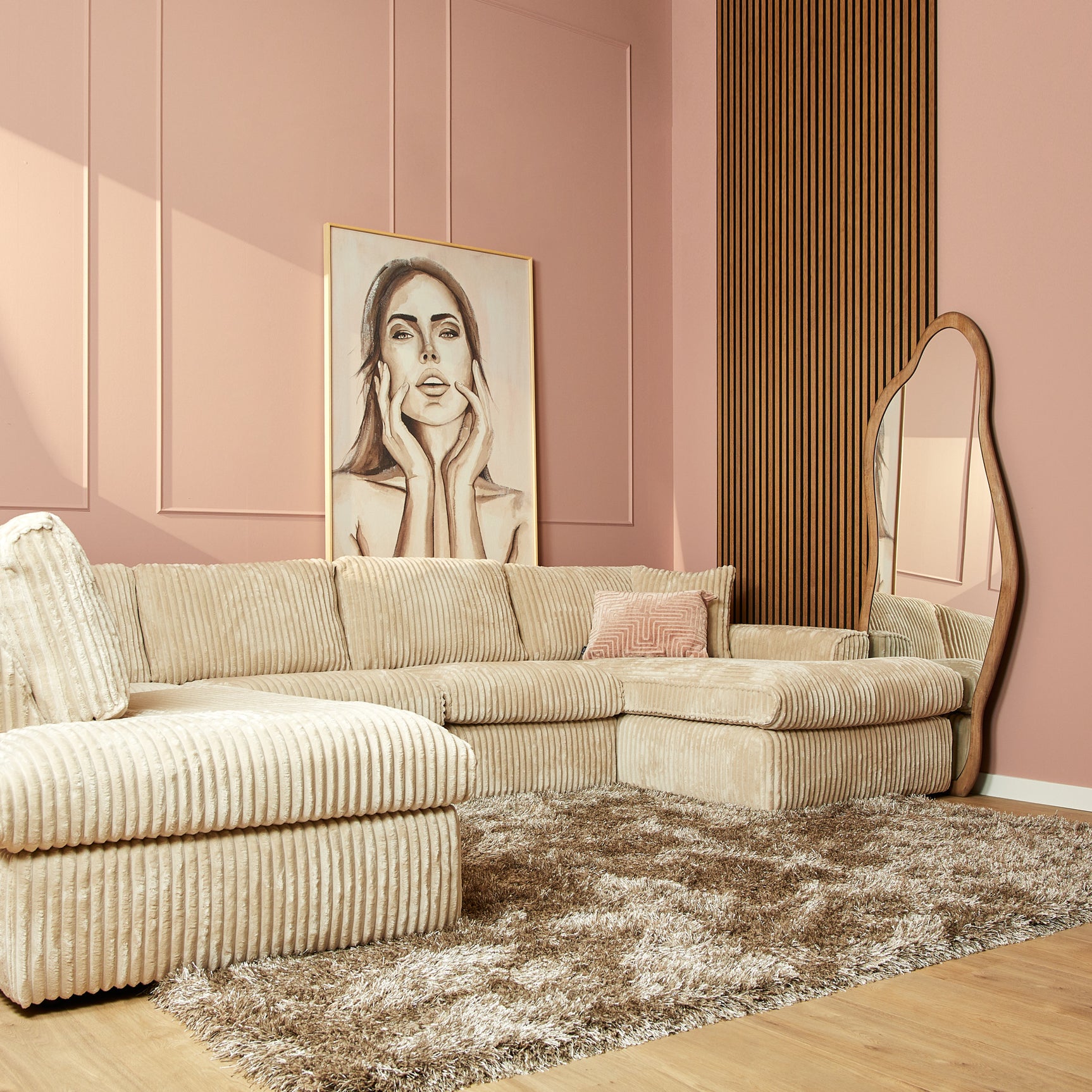MySofa Teddy U-bank met beige geribde zitting en rugkussens, hoekopstelling