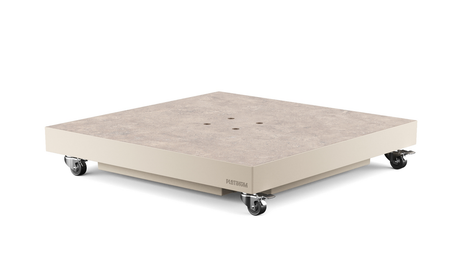 Parasolvoet met zandsteen-look bovenplaat en lichtbeige onderstel op 4 wielen