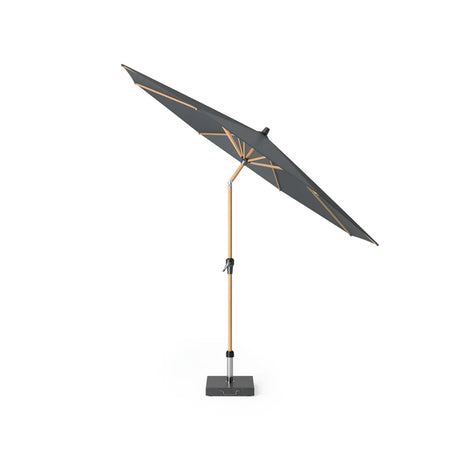 Platinum parasol met antraciet doek op houten paal en open scharnierconstructie