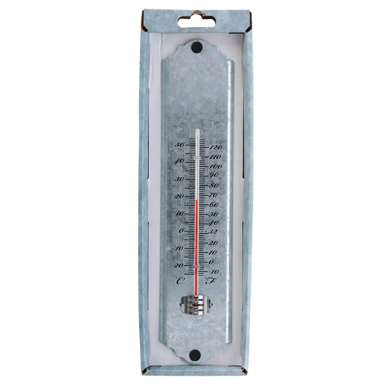 Zinken thermometer in verpakking met temperatuurschaal en meetelement