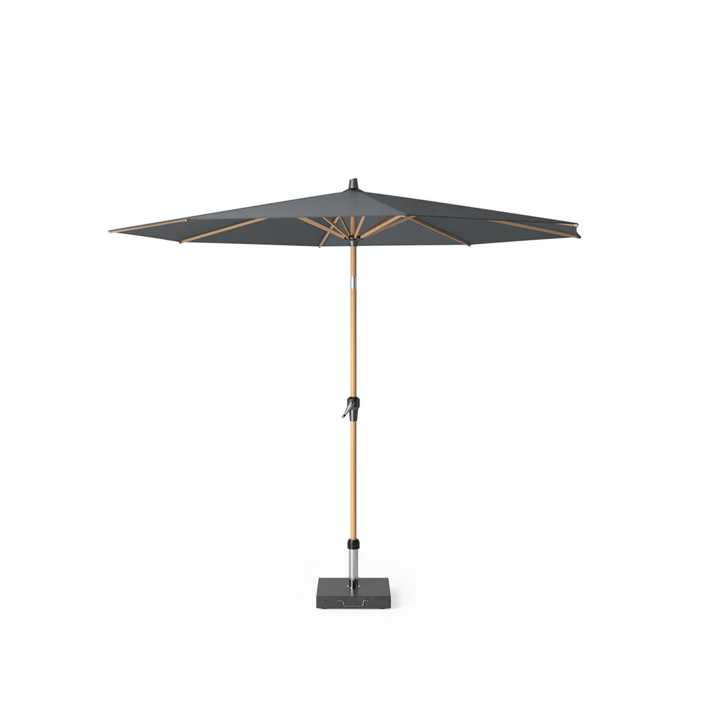 Platinum parasol met ronde doek, antraciet en houten paal, inklapbare constructie