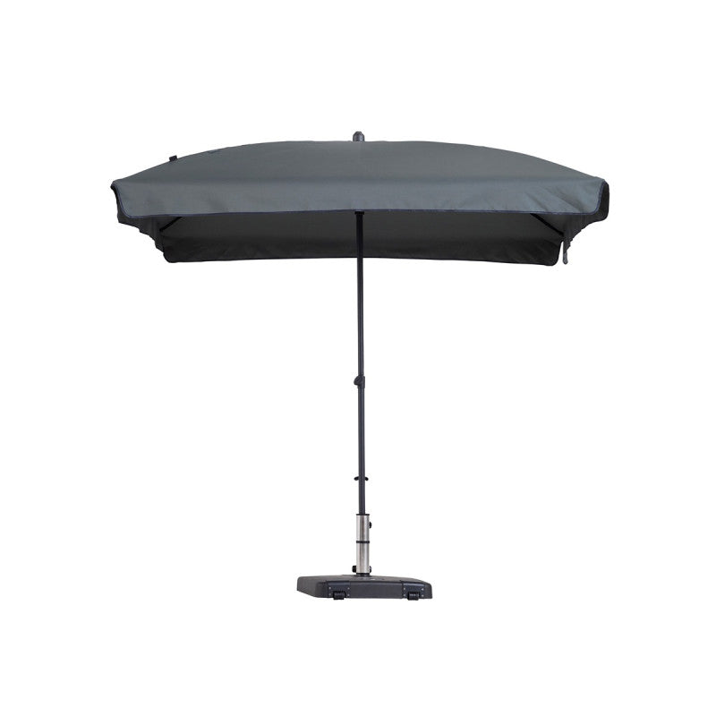 Staande parasol met rechthoekig grijze parasoldoek en centrale metalen paal