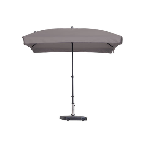 Taupekleurige parasol op staander, open doek.