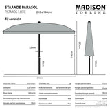 Open staande parasol met lichtgekleurde doek op paal, zijaanzicht.
