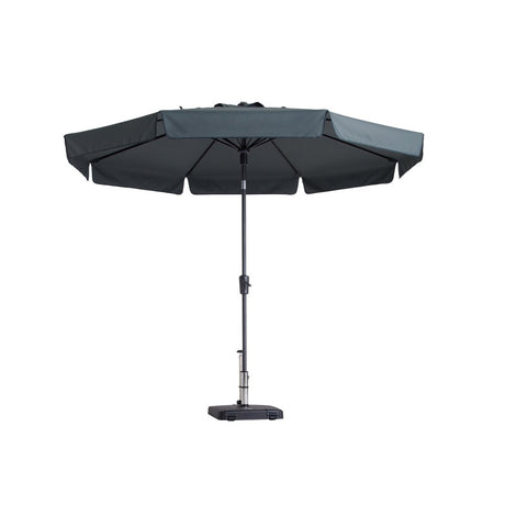 Grote parasol met grijze kap en metalen paal, inklapbare constructie
