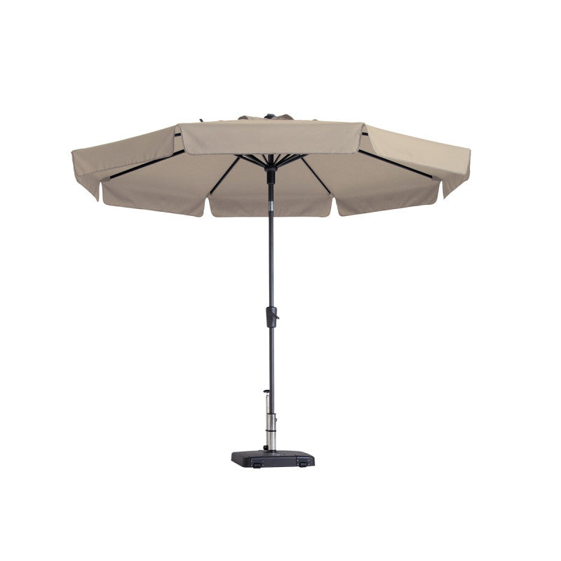 Ecru grote parasol met ronde dakvorm en centrale paal, voet