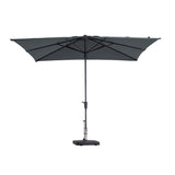 Vierkante parasol met grijs doek en centrale mast, open dak met kruisribben