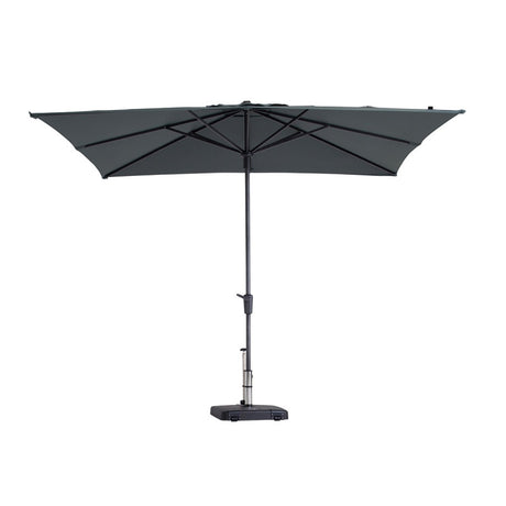 Vierkante parasol met grijs doek en centrale mast, open dak met kruisribben