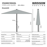 Staande parasol zijaanzicht met grijze doek en centrale paal, open vouwmechanisme.