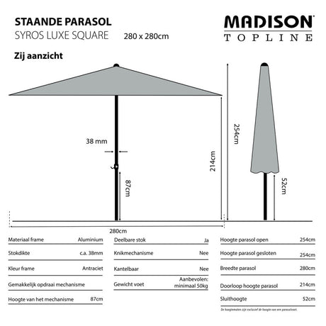 Vierkante parasol zijaanzicht met ecru doek en centrale paal, afmetingenweergave.