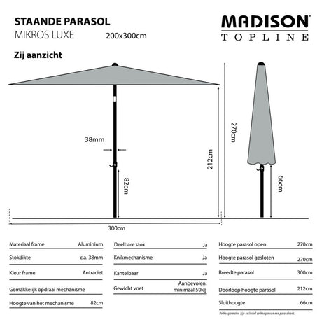 Grijze parasol 200x300 cm met zijaanzicht, open doek en staander op voet