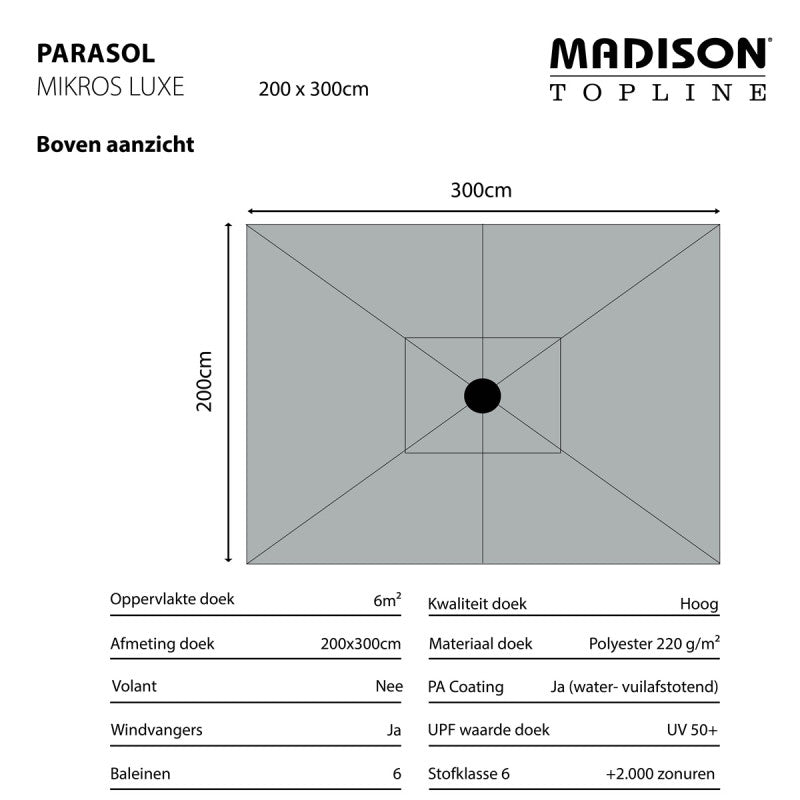 Grijze parasol 200x300 cm, bovenaanzicht met open doek en centrale knop