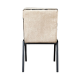 Beige eetkamerstoel met rechthoekige zitting en rug, donkere houten poten.
