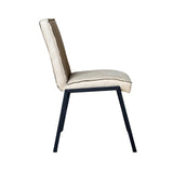 Eetkamerstoel met beige stoffering en hoge rug, licht gebogen zitting en donkerblauwe poten