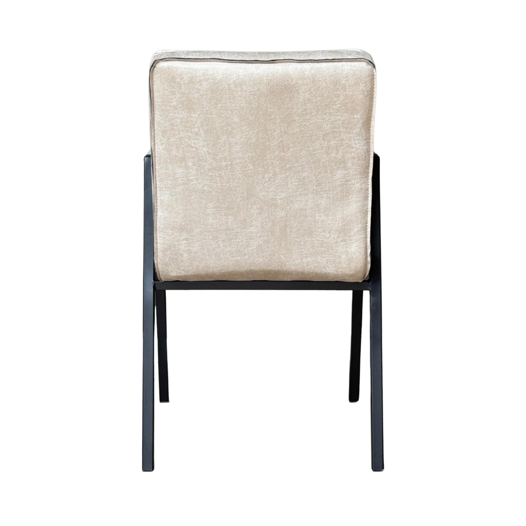 Eetkamerstoel met armleuningen, beige bovenrug en zitting, effen zwarte poten en frame