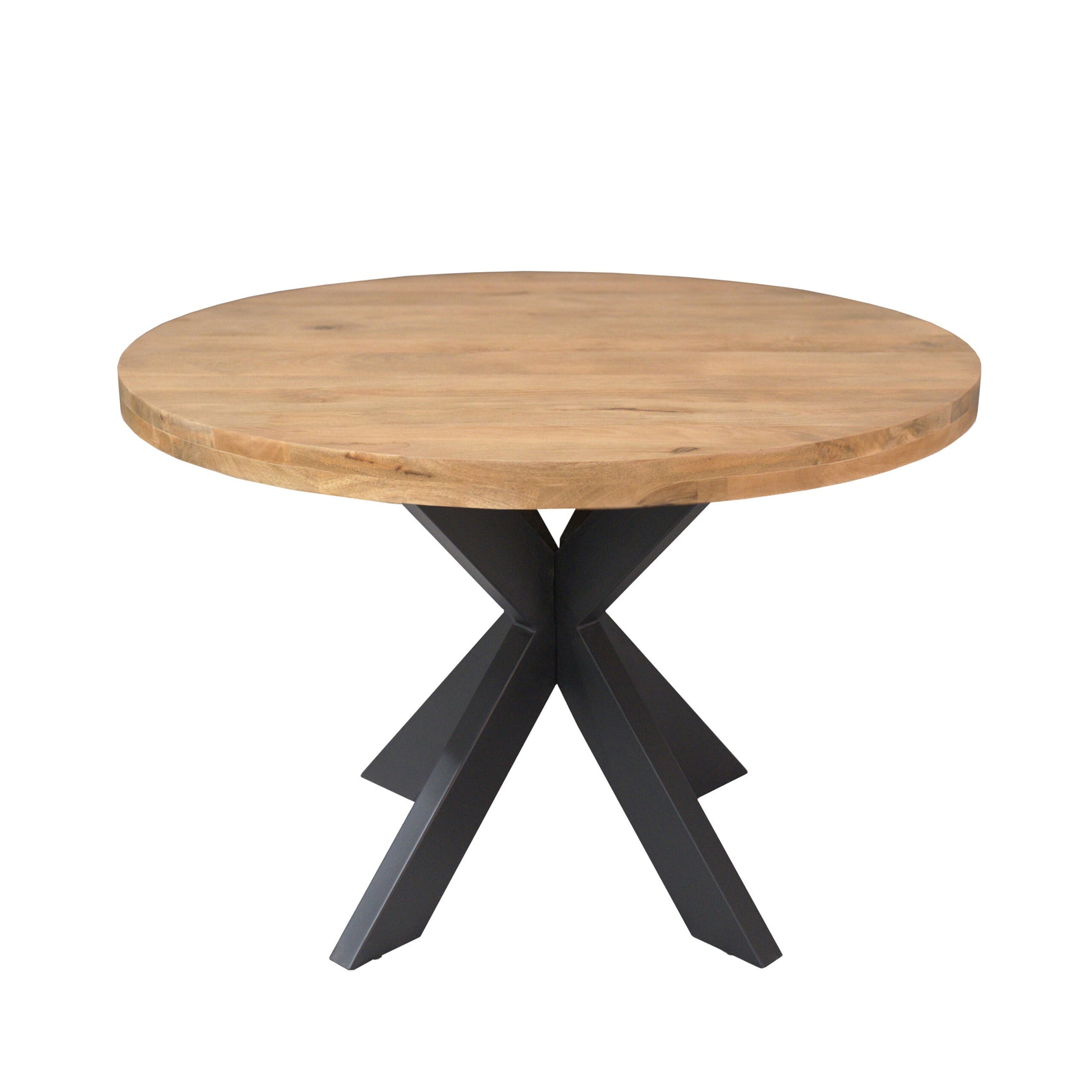 Ronde eettafel met houten blad en zwart metalen kruis onderstel