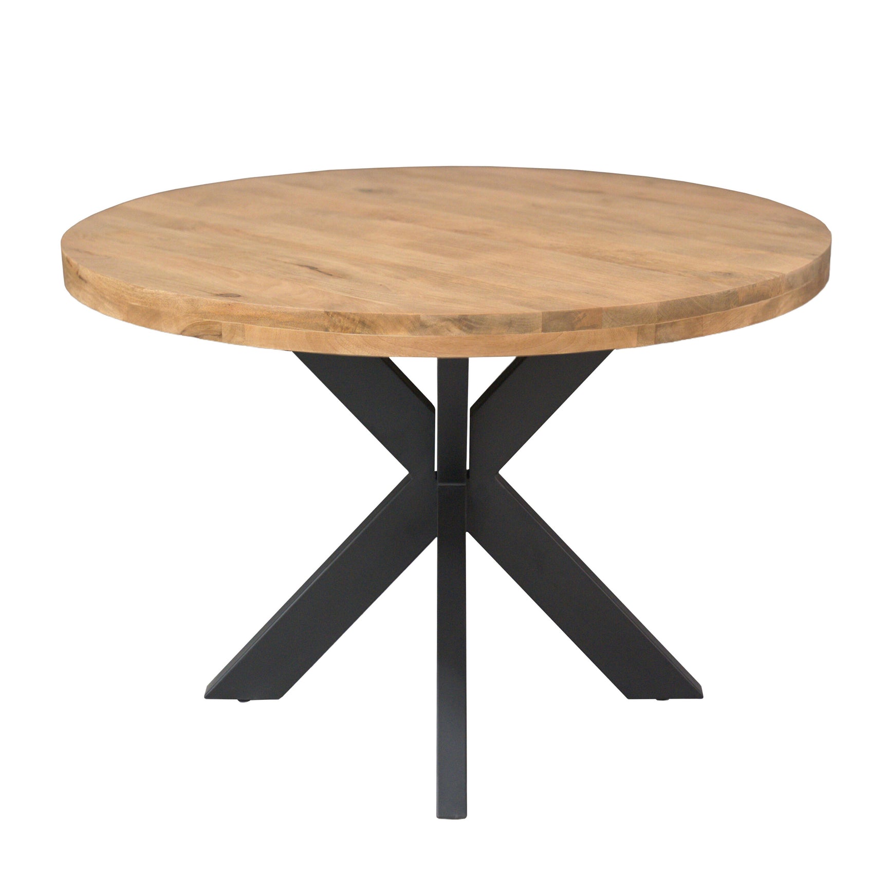 Ronde eettafel Dakota met licht houten blad en zwarte kruispoot onderstel