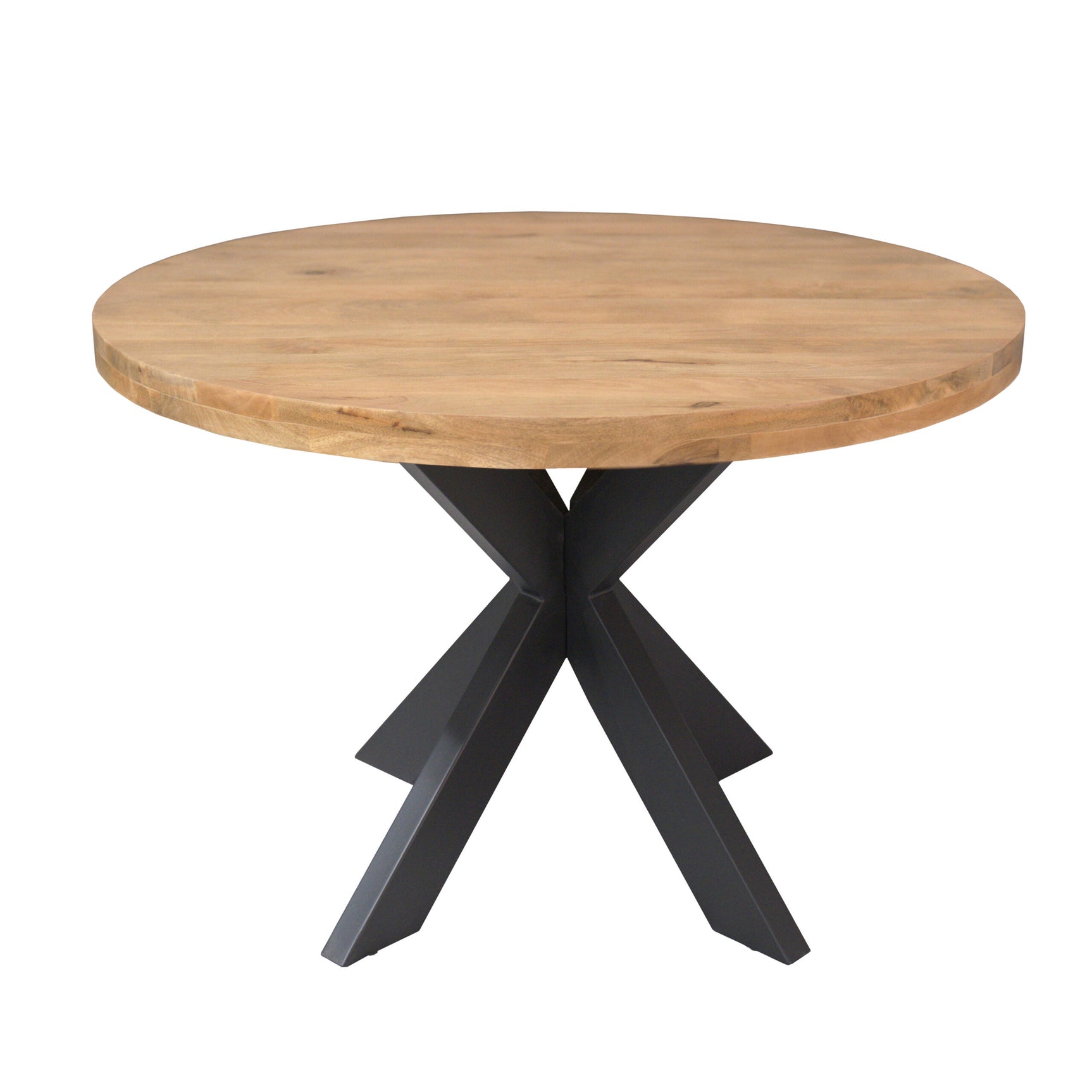 Ronde eettafel met houten tafelblad en brede zwarte X-poten