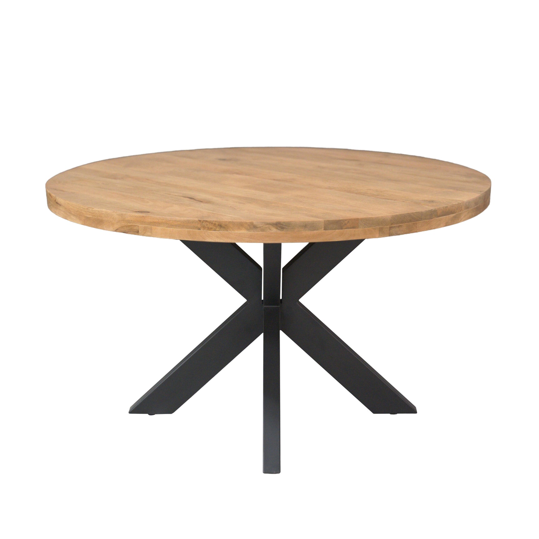 Ronde eettafel met houten blad en zwarte kruisframepoot, Ø140 cm