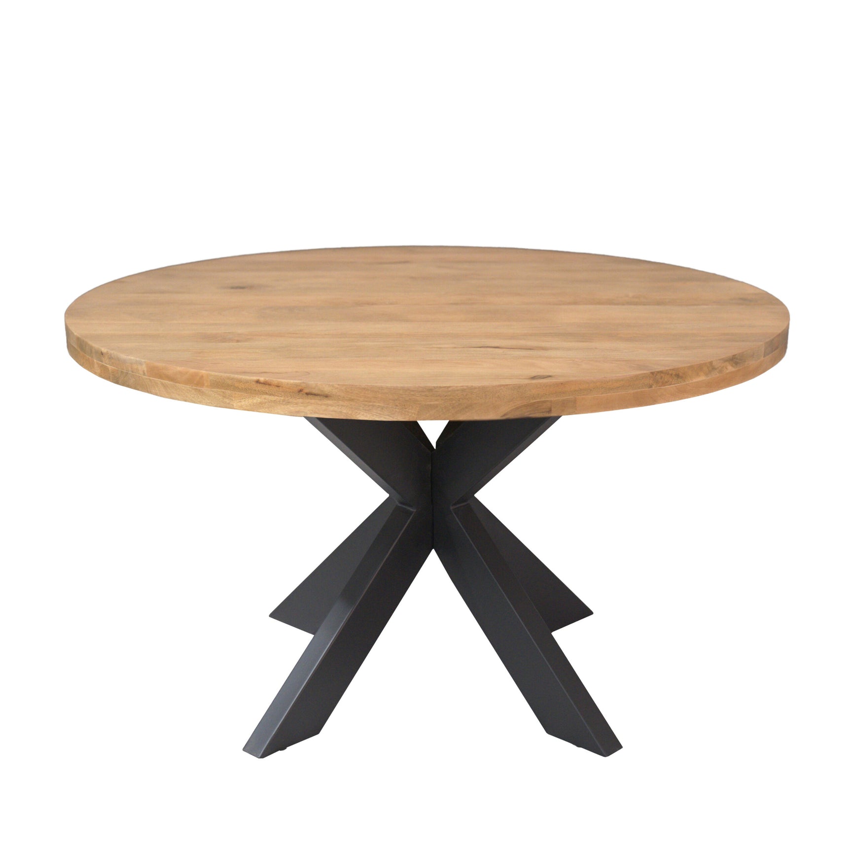 Ronde eettafel met houten blad en zwarte kruispoten onder het blad