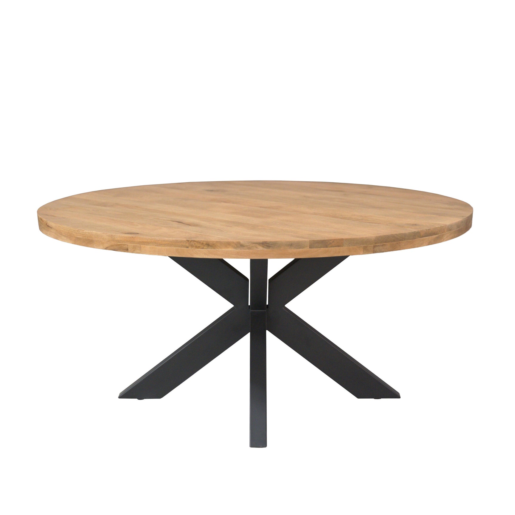 Ronde eettafel met licht houten blad en zwarte metalen kruispoot, 150 cm