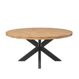 Ronde eettafel met licht houten blad en zwarte metalen X-poten
